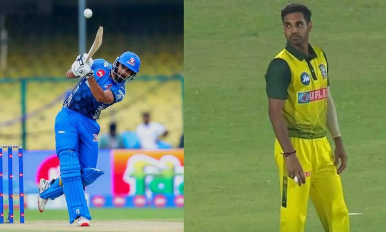 भुवनेश्वर कुमार, जिन्होंने एक बार सचिन तेंदुलकर की हत्या कर दी थी, बुरी हालत थी ... स्विंग किंग ने 6 गेंदों में 6 सीमाओं को मार डाला - रितुराज शर्मा ने 29 रन बनाए, जो कि 6 लखनऊ फाल्कन बनाम मेरुत मैच में भुवनेश्वर कुमार में 6 सीमाओं के साथ 29 रन बना रहे थे।