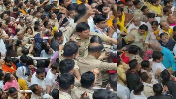 व्रिंदवन में जनमश्तमी पर बंकेबिहारी मंदिर में आयोजित मंगला आरती के दौरान महिला स्वास्थ्य बिगड़ गया